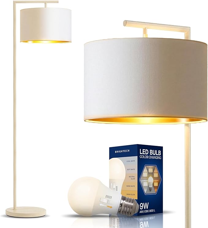 Brightech Montage Modern Floor Lamp - LED Standing Lamp with Adjustable Color Changing Bulbs for Living Rooms & Offices - Tall Corner Bedroom Reading Light for Contemporary Home Decor - Cream and Gold