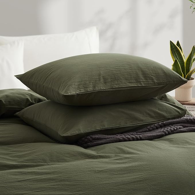 LOVQUE Olive Green Duvet Cover Full Size, 100% Washed Cotton Linen Like Bedding Set with Zipper Closure (No Comforter), 80x90 Inches