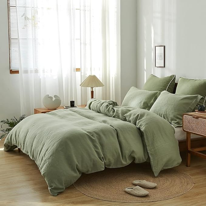 Simple&Opulence 100% Linen Duvet Cover Set, 3 PCS Natural French Flax Sage Green Duvet Cover Queen Size, Breathable Soft Comfy Linen Bedding Comforter Cover with 2 Pillowcases(Sage Green, 88"x92")