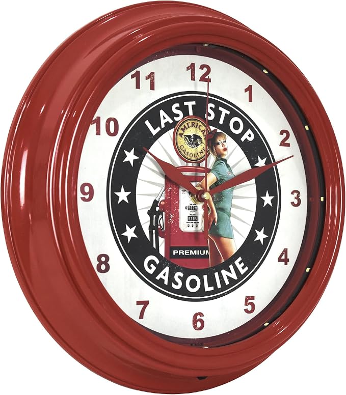 American Art Decor Last Stop Gasoline Pinup Girl LED Clock - 12" Wall Mounted American Gasoline Wall Decor - Wall Clock for Living Room, Dorm, Mancave, Garage, Office, Game Room (Red/White/Black)