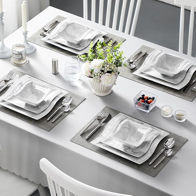MALACASA Plates and Bowls Set, 12-Piece Modern Porcelain Dinnerware for 4, Marble Square Ceramic Dish Set, Microwave and Dishwasher Safe, Flora Series