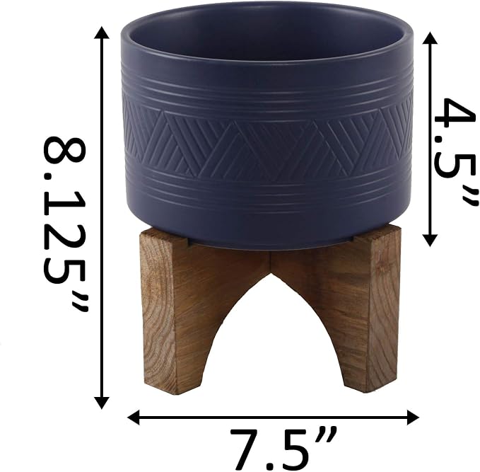 Flora Bunda 7 Inch Mountain Ceramic Planter on Wood Stand Mid Century,Matte Navy 7"