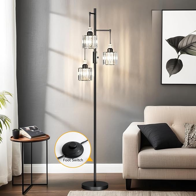 Black Tree Floor Lamp with 3 Crystal Cage Lampshades & Dimmable Bulbs - 70" Vintage Glam Standing Lamp for Living Room Bedroom, Industrial Modern Decor with Crystal Ball Accents (Matte Black)