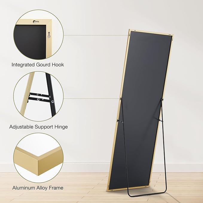 OLIXIS 64"x 21.5" Mirror Full Length, Full Body Mirror with Stand, Hanging or Leaning for Wall, Floor Standing with Shatter-Proof Glass for Bedroom, Living Room, Long, Gold