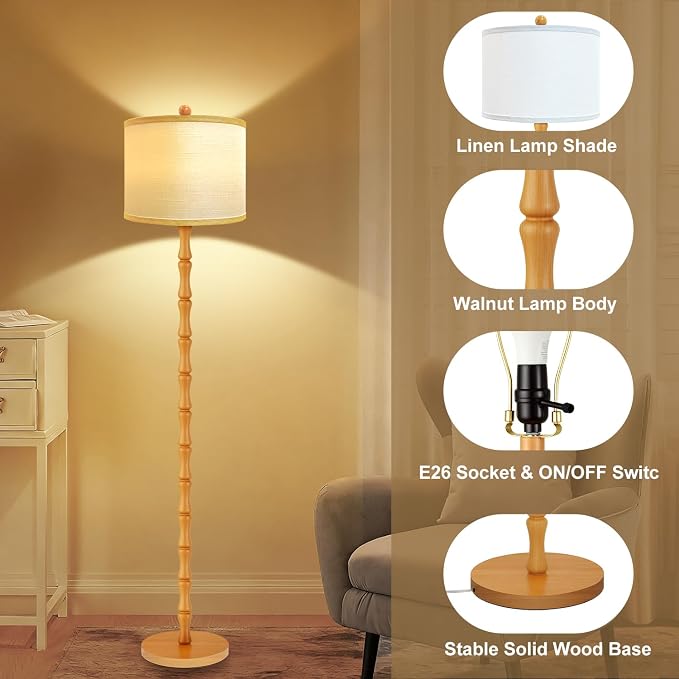 Vinaco 64" Rustic Farmhouse Floor Lamp, 3 Color Temperatures Wood Floor Lamp, Retro Standing Lamps with Rotary Switch, Tall Lamps for Living Room, Bedroom CornerOffice, Dining Room(9W Bulb Included)