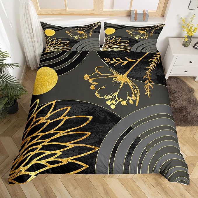 Erosebridal Gray Black Modern Queen Comforter Cover for Minimalist | Abstract Mid Century Duvet Cover Bohemian Leaf Floral Botanical Bed Set Aesthetic Modern Geometric Bedding Set