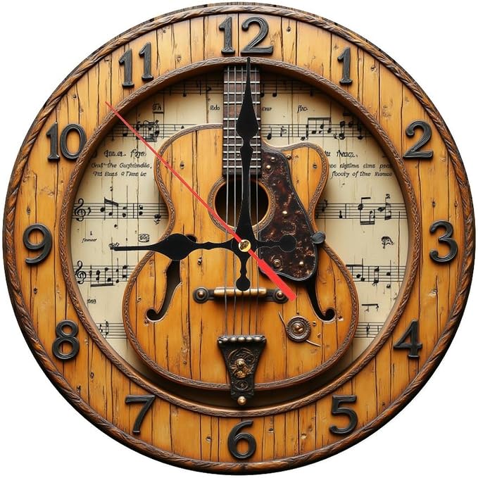 Tan Black Acoustic Guitar Round Wall Clock - 10 Inch Non-Ticking Timepiece for Study Play Room Kitchen Decor