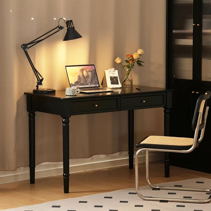 Solid Wood Computer Desk with Double Drawers, Black Vintage Rubber Wood Writing Desk for Home Office 47.2"