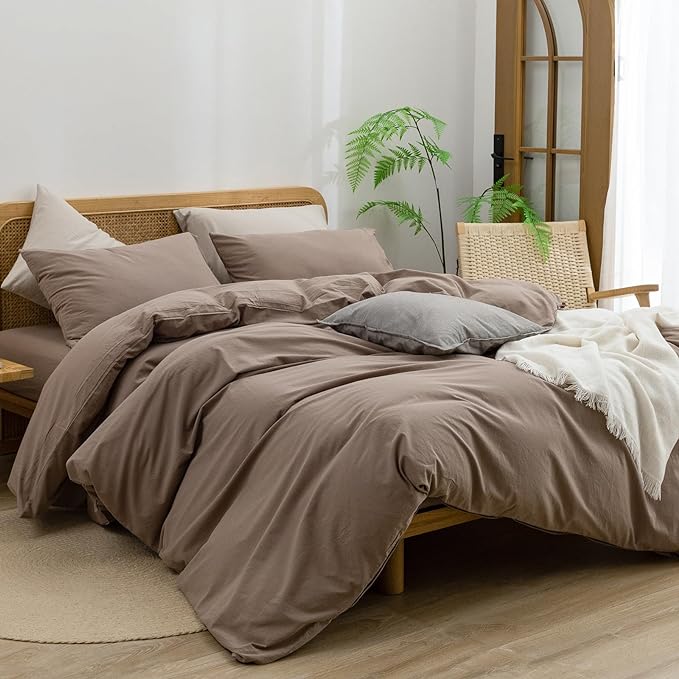 BESTOUCH Duvet Cover Set 100% Washed Cotton Linen Feel Super Soft Comfortable Chic Lightweight 3 PCs Home Bedding Set Solid Pine Bark Brown Cal King