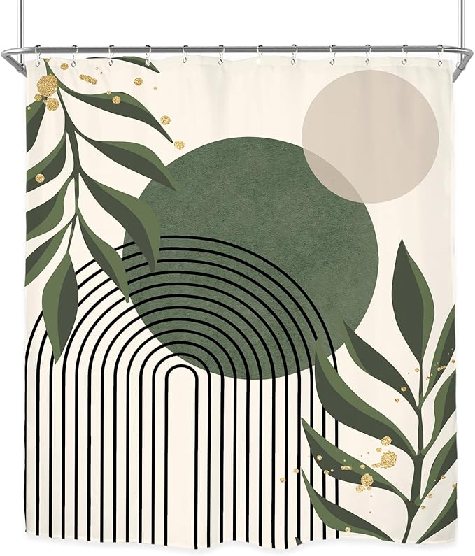 Miyotaa Abstract Sage Green Modern Shower Curtain Set 71Wx84H Inches Minimalist Aesthetic Extra Long Contemporary Plant Monstera Leaves Polyester Waterproof Bathroom Curtain with 12 Hooks