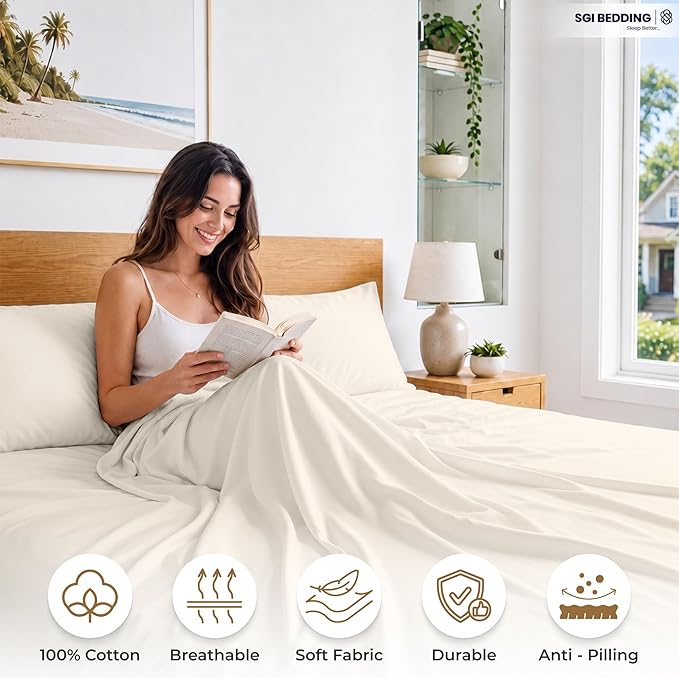 SGI bedding 100% Egyptian Cotton Sheets Full XL Size – 600 Thread Count Sheets Set, Soft, Cooling, 15" Deep Pocket, Luxury Hotel Bedding, Breathable, Durable - Butter