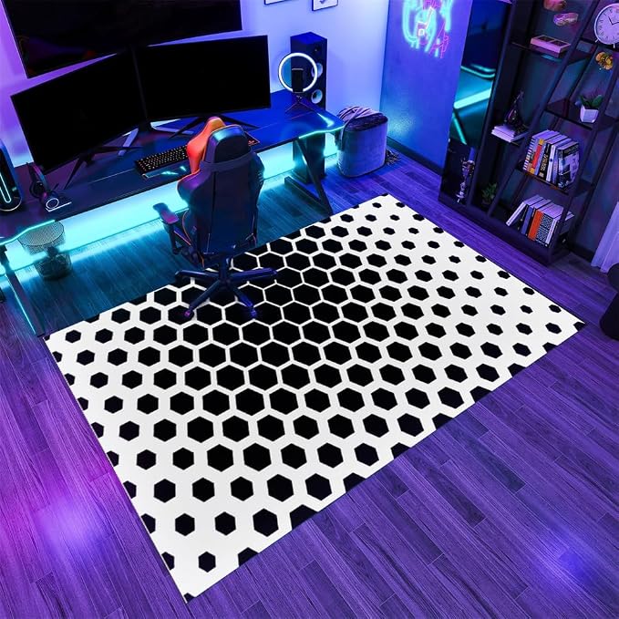 Modern Geometric Area Rugs, Black White Honeycomb Carpet, Washable Non Slip Low Pile Soft Rug for Living Room Bedroom Decor Mat 6x9ft