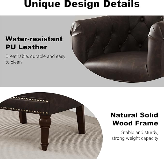 Accent Chair, Upholstered Faux Leather Barrel Chair with Nailed Trim, Comfy Club Armchair for Reading Living Room Bedroom Waiting Room (Chocolate, Set of 4)