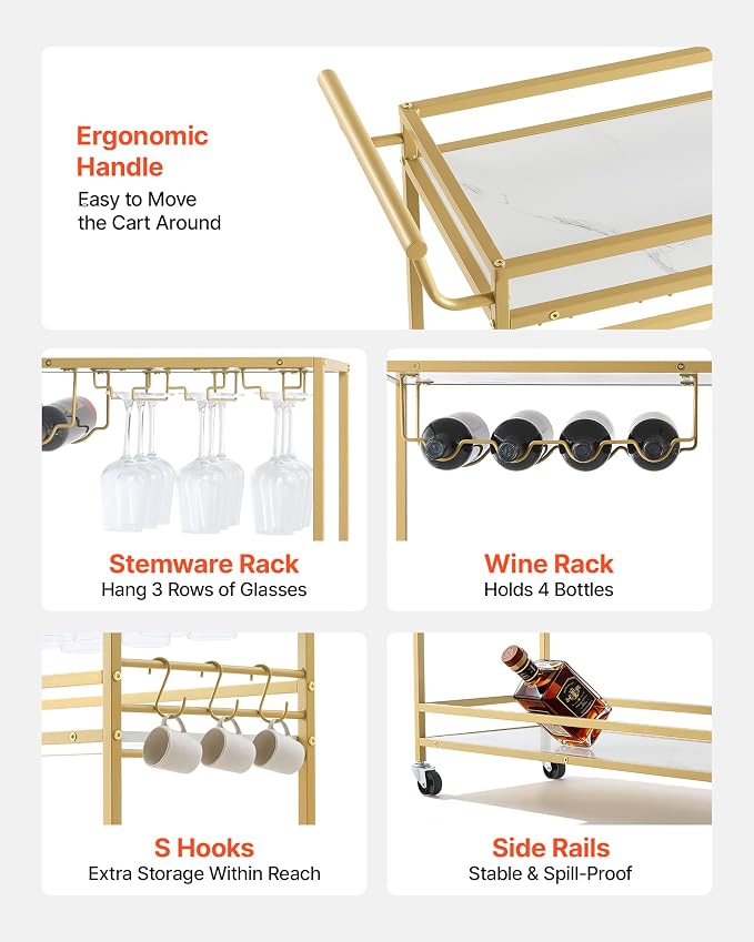 VEVOR Bar Cart, 3 Tiers Home Kitchen Serving Carts, Modern Rolling Utility Station on Wheels, Mobile Drink Beverage Trolley with Wooden Shelf, Wine Rack, and Glass Holder, 35.83x12.99x36.81 in, Gold