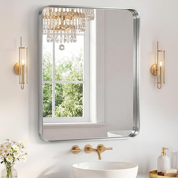 NEWBULIG 30X36 Inch Bathroom Mirror for Over Sink, Wall Vanity Mirrors Tempered Glass, Anti-Rust Metal Framed Rounded Rectangle, Hangs Horizontally or Vertically, Farmhouse Home Decor, Silvery