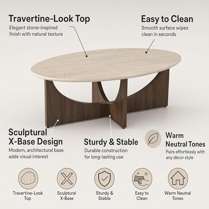 Honyee Oval Coffee Table 47 Inch for Living Room, Travertine-Look Center Table with Wood Base, Large Beige Oval Coffee Tables for Home Apartment Small Spaces