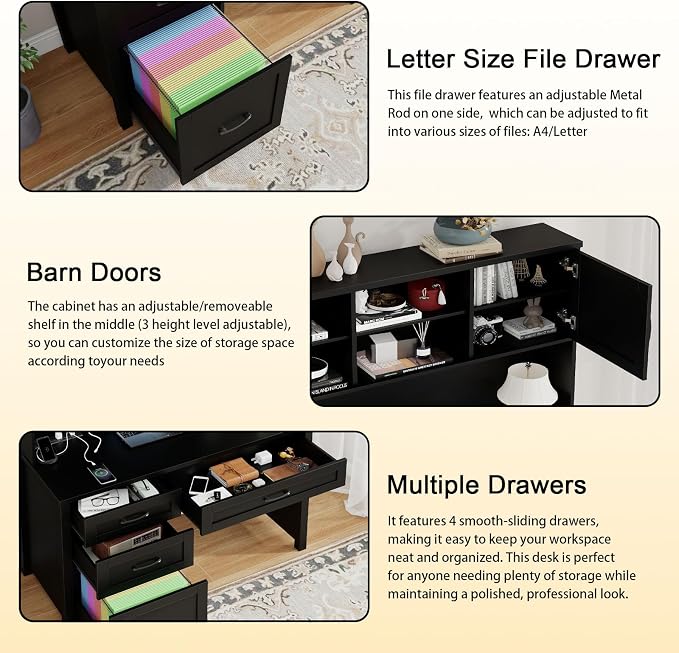 Vabches Farmhouse 67" H Executive Desk with Hutch,Office Desk with 4 Drawers and LED Light, Wood Workstation for Home Office and Study, Computer Desk with File Drawers, Charging Station.Pure Black