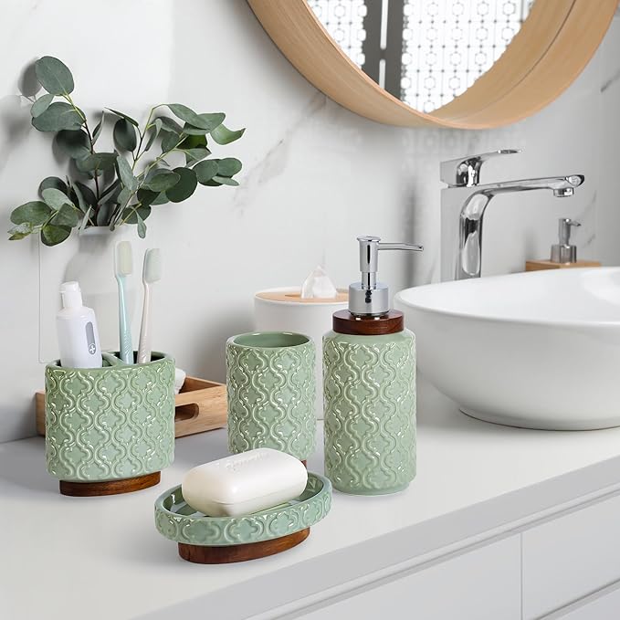 RQYIXI 4 Piece Bathroom Accessories Set, Green Ceramic Bath Accessory Set with Wood Accents, Soap Dispenser, Toothbrush Holder, Tumbler and Soap Dish, Elegant Bathroom Countertop Decor
