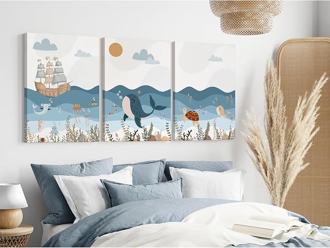 Ocean Nursery Wall Art Pictures Blue Nautical Canvas Art Beach Animal Wall Decor Baby Boys Room Wall Art Sea Whale Prints Ocean Nautical Poster for Nursery Baby Room 12x16 Inch Set of 3 Framed