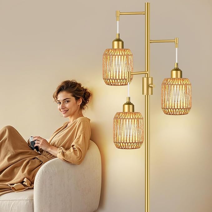 ZECOXOL Boho Floor Lamp for Living Room Bedroom-3 Light Dimmable Floor Lamp with Three Led Bulb & 3 Color Temperatures, Rustic Tall Lamp Gold Standing Lamp Tree Floor Lamps for Living Room