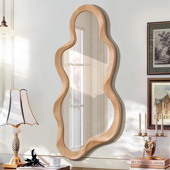 Asymmetrical Mirror for Wall Decor Modern Wooden Framed Irregular Mirrors Unique Shape Wall Mounted Vanity Artistic Wavy Mirror Decorative for Living Room Bedroom Bathroom Entryway 30"x14"