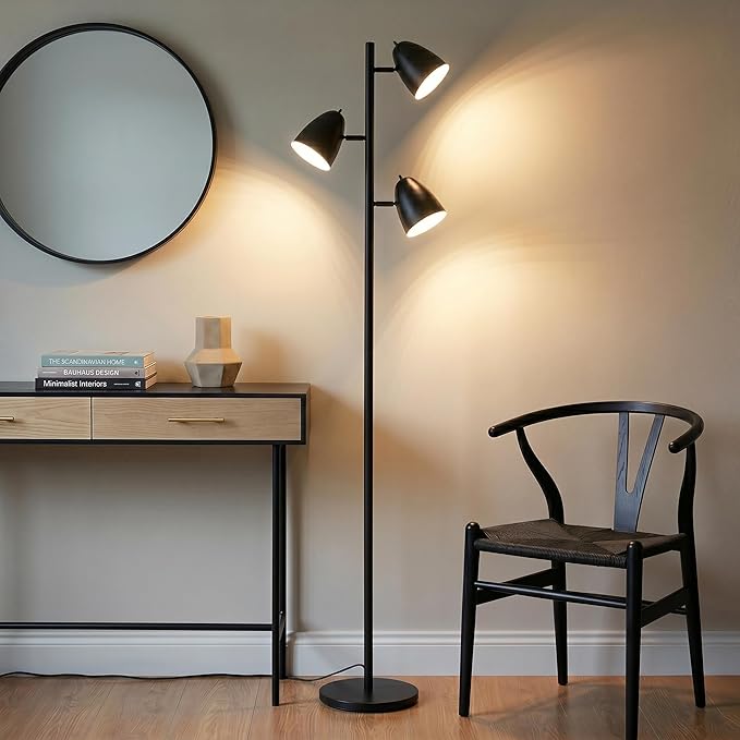 Brightech Jacob LED Standing Lamp, Modern Bright Floor Lamps for Living Rooms & Bedrooms, Tall LED Lighting Lamp with Adjustable 3 Light Tree – Classic Black