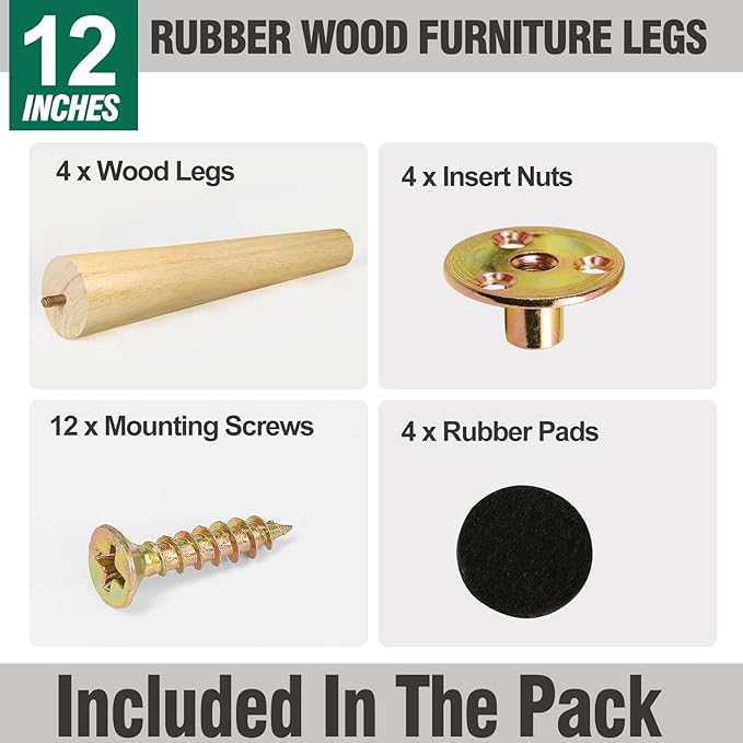 FoDau770 Rubber Wood Furniture Legs 12 Inches, Straight Tapered Wood Feet Mid Century Sofa Legs Set of 4, 5/16" UNC Furniture Feet Replacement Parts for Cabinet Couch Dresser Chair Ottoman Table