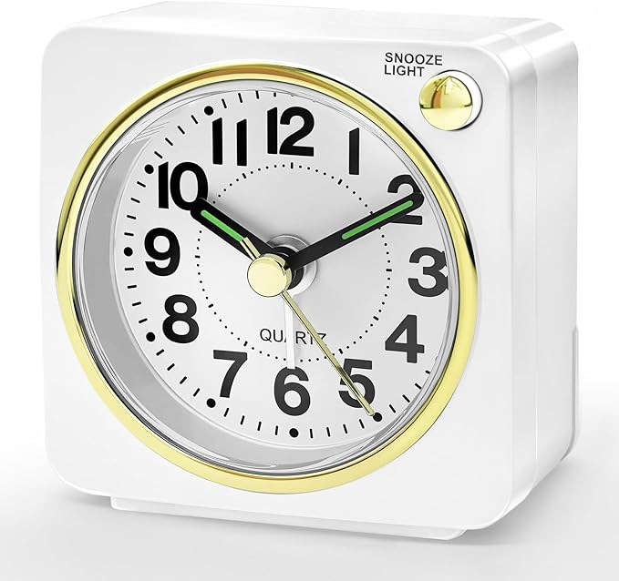 Lamisola White and Gold Battery Analog Travel Alarm Clock, Ultra Small Classic Bedside Clocks for Nightstand, Cute Desk Clock for Romm Bathroom Kitchen Guest Room, White