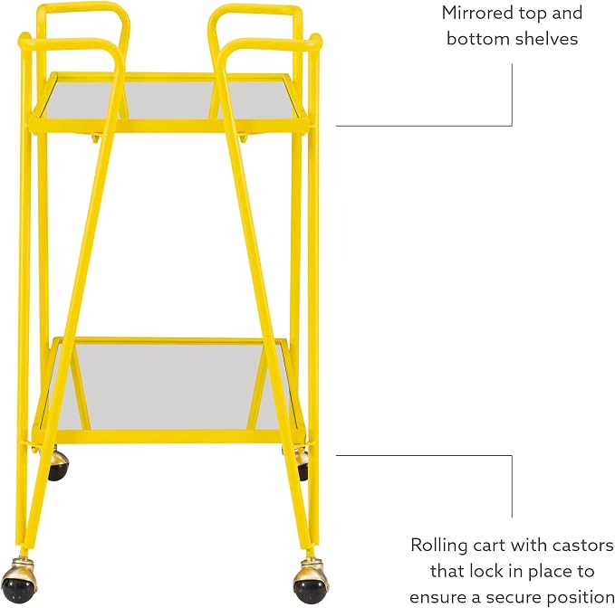 Linon Gina Yellow Mid Century Bar Cart with Mirrored Shelves