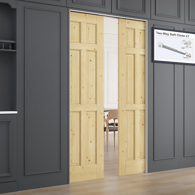 48" x 80" (Double 24" x 80") 6 Panel All-Inclusive Soft Close & Solid Core Sliding Pocket Door, Pine Wood Door with Frame & Hardware Kit, Pocket Interior Doors for Home, Unfinished