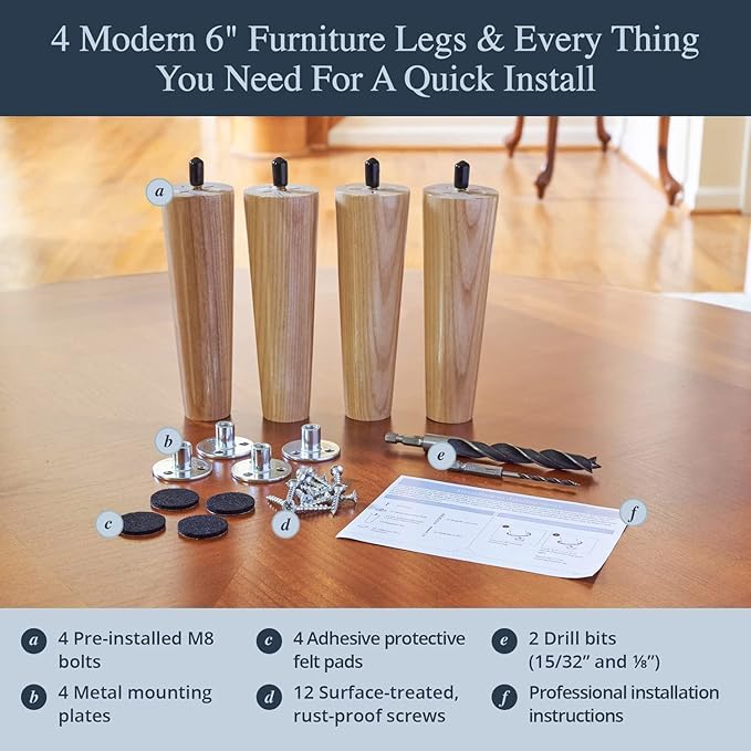 Airy Abode Premium Ash Wood Furniture Legs (Full Install Kit) - Pick Your Size and Color