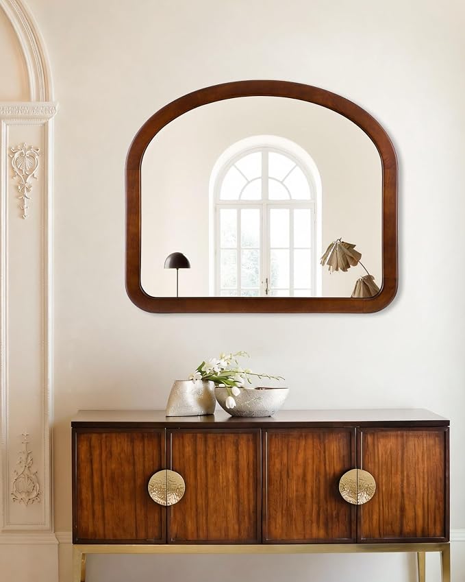 Arched Mirror 34 x 29 Inch,Walnut Brown Wood Rustic Bathroom Tempered Wall Mirror with Wood Frame,Round Corner Arch Farmhouse Wooden Vanity Mirror for Living Room,Entryway or Bedroom