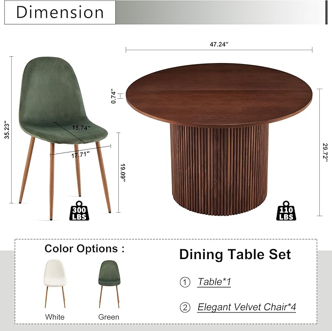 Dining Table Set for 4, Mid Century Modern 47 Inch Wooden Round Dining Table Set, Space Saving (Table + 4 Green Chairs)