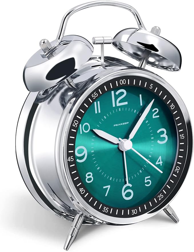 Peakeep Loud Alarm Clock for Heavy Sleepers Adults, Metal 4.5" Twin Bell Battery Operated Alarm Clocks for Bedrooms Decoration (Peacock Green)