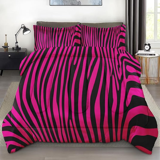 Comforter Set with Pillowcase Twin Size, Hot Pink Zebra Print Line Abstract, Bed Decor African Wildlife Black Striped Animal Jungle for Kids and Adults, Soft Cozy Bedroom Bedding Set