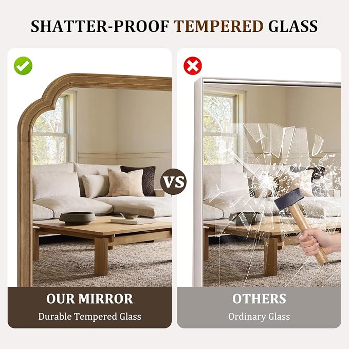 HOMECOOKIN Full Length Mirror Wall Mounted, Rustic Wooden Frame Floor Mirror, Rounded Corner Large Full Body Mirror for Bedroom,Dressing Room， Leaning or Hanging Against Wall (Natural, 71" L x 24" W)