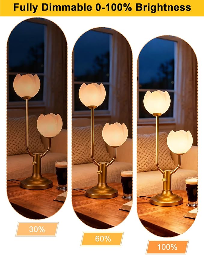 Lightdot Gold Flower Table Lamp for Bedroom, 2 Floral Heads 3000K Warmwhite Dimmable Bedside Lamps with Plug, Mid Century Modern Small Desk Lamp for Living Room Nightstands Home Office