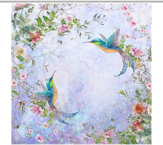 Hummingbird Flower Shower Curtain for Girls,Purple Watercolor Floral Bird Nature Plant Waterproof Shower Curtains for Bathroom Decor 12 Pack Hooks 72x72in (183x183cm)