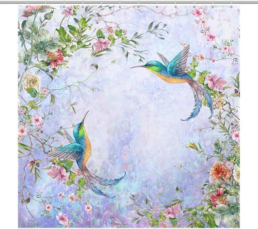 Hummingbird Flower Shower Curtain for Girls,Purple Watercolor Floral Bird Nature Plant Waterproof Shower Curtains for Bathroom Decor 12 Pack Hooks 72x72in (183x183cm)