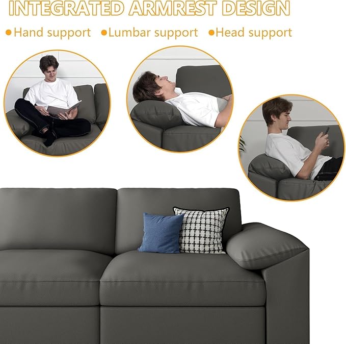 EASE MOOSE 3 Seater Deep Seat Sectional Sofa, Scratch Resistant Faux Leather Material, Oversized Modular Couch for Living Room,Modern Comfy Sofas for Small Spaces,Grey