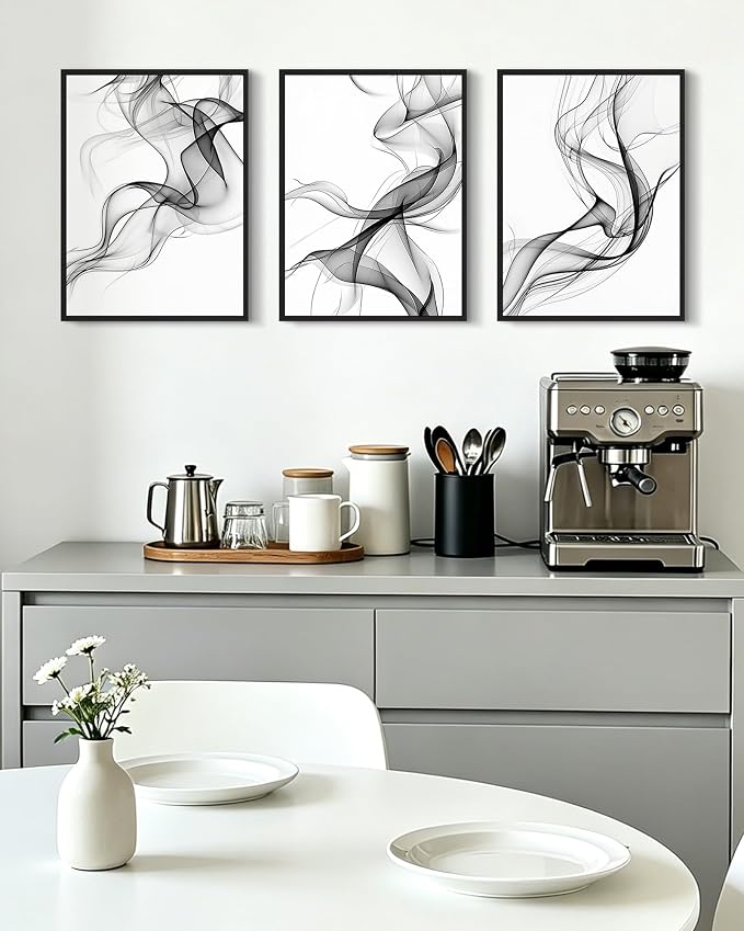 KUVIOKE Black White Abstract Framed Canvas Wall Art Ink Wash Pastel Wall Decor Modern Transparent Fog Illustration Art Painting for Bedroom Dining Room 12x16in (Black Framed)
