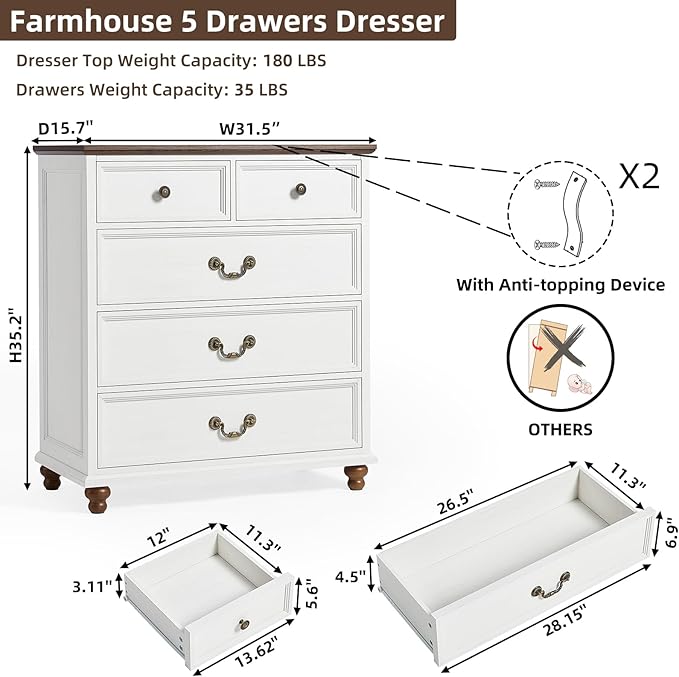 Farmhouse 5 Drawer Dresser Set of 2 for Bedroom, 35" Tall Rustic Chests of Drawers w/ 4 Solid Wood Feet, Mid Century Vintage Wooden Closet Storage Dressers Organizer for Living Room, White