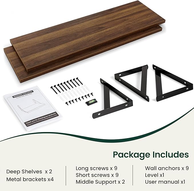Floating Shelves, 12 Inch Deep Rustic Wood Wall Storage, 48W x 12D Wall Shelves Set of 2, Heavy Duty Metal Brackets, Large Industrial Book Shelf for Living Room, Kitchen, Bedroom, Walnut