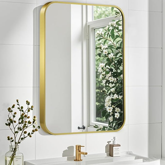 Matte Gold Mirror, 16x20 Inch Brushed Gold Mirror, Aluminum Alloy Framed Vanity Mirror, Rounded Rectangle Bathroom Mirror for Over Sink, Anti-Rust Wall Mirror (Horizontally or Vertically)