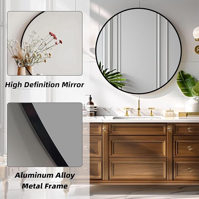 Black Round Mirror, 20 Inch Black Circle Mirror, Metal Frame Round Wall Mounted Mirrors for Bathroom, Living Room, Bedroom, Entryway, Vanity