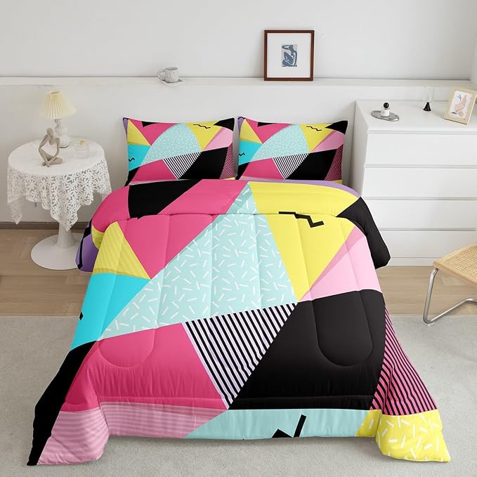 Manfei Memphis Comforter Set Queen Size, Retro 80s 90s Fashion Style Quilt Set with 2 Pillowcases, Colorful Triangle Geometric Bedding Set 3pcs for Kids Boys Girls Lightweight Duvet Insert