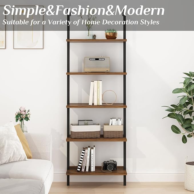 Karl home Ladder Shelf 5 Tier Wall Mounted Bookcase with Metal Frame,Open Design Shelves for Living Room,Bedroom,Home,Office,Rustic Brown (23.6" L x 11.8" W x 70.9" H)