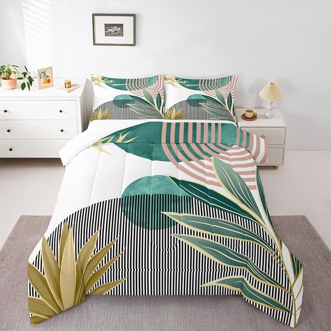 Erosebridal Mid Century Modern Comforter Set King Bohemian Bedding Set for Kids Teens,Boho Tropical Modern Down Comforter Abstract Sun Minimalist Simple Duvet Insert,Green Pink Room Decor