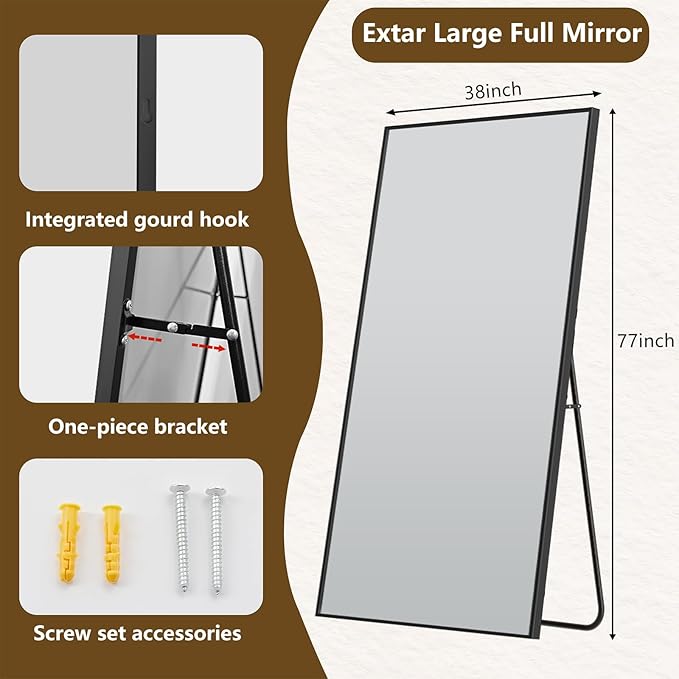 Koonmi 77"x38" Floor Mirror Full Length, Bedroom Floor Body Mirror with Stand, Large Black Mirror, Leaning, Standing or Hanging Horizontally/Vertically