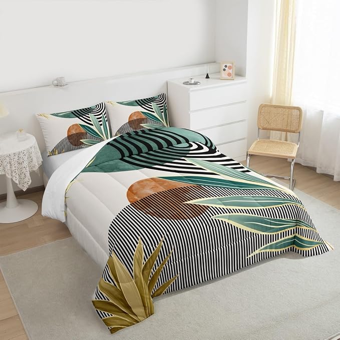 Erosebridal Boho Mid Century Comforter Set King Modern Abstract Geometric Bedding Set,Retro Minimalist Aesthetic Down Comforter Line Art Duvet Insert for Women Men,Green Room Decor